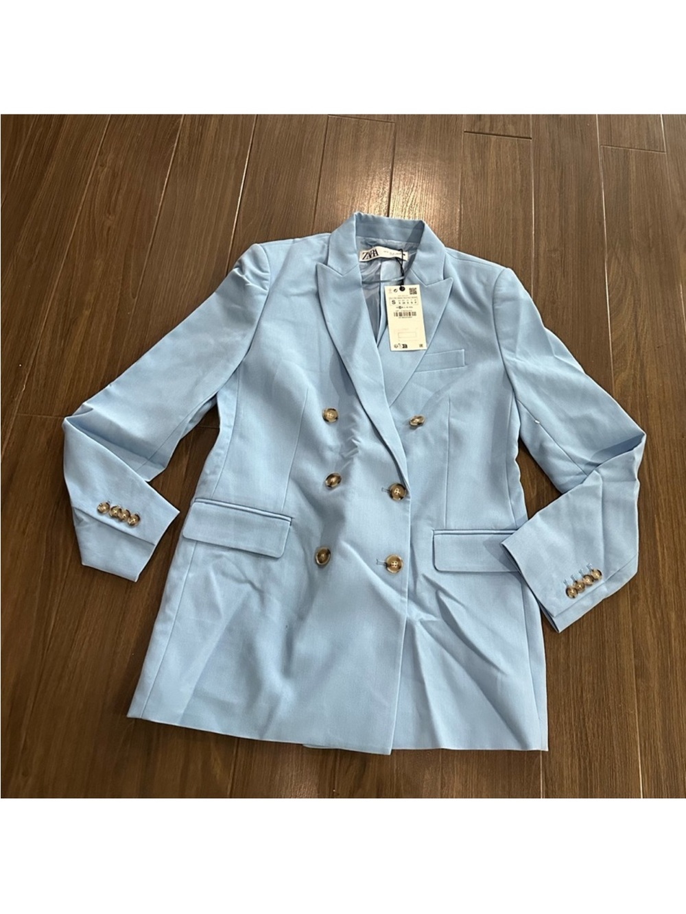 ZARA Powder Blue Double-Breasted Blazer with Gold Buttons
